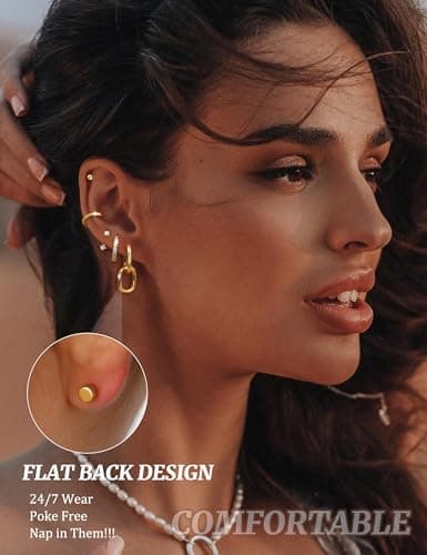 LOLIAS Flat Back Earrings for Women Hypoallergenic Surgical Steel Earrings for Sensitive Ears-20G Cartilage Earring Stacks 14K Gold Plated Hoops Flatback Stud Earring Sets for Multiple Piercing thumbnail 2