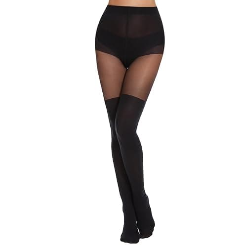 MANZI Women's Faux Thigh High Tights Mock Over the Knee Socks Black Opaque Goth Tights Stitching Sheer Pantyhose - Image 1