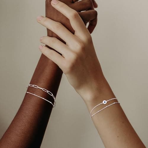 MILACOLATO 925 Sterling Silver Clasp Paperclip Chain Bracelets 14K White Gold Plated Solid Paperclip Chain Women Bracelet Adjustable Layered Satellite Beads Bracelets for Women thumbnail 4