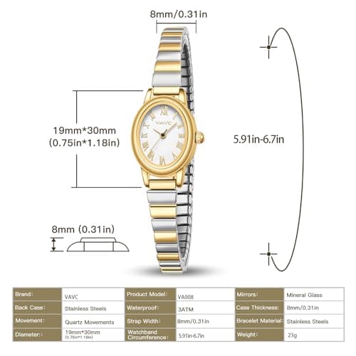 VAVC Gold Watches for Women,Analog Womens Watch with Stainless Steel Expansion Band,Oval Case Roman Dial,Water Resistant（5.91in-6.7in） thumbnail 4