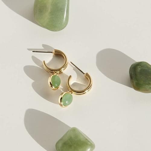 Candro CANDRO 18K Genuine Gold Plated Natural Green Aventurine Women's Earrings, S925 Silver Needle Anti-allergy Lasting Gloss Craft, Vintage Elegant Green Pendant Earrings, Gift Friends Family thumbnail 6