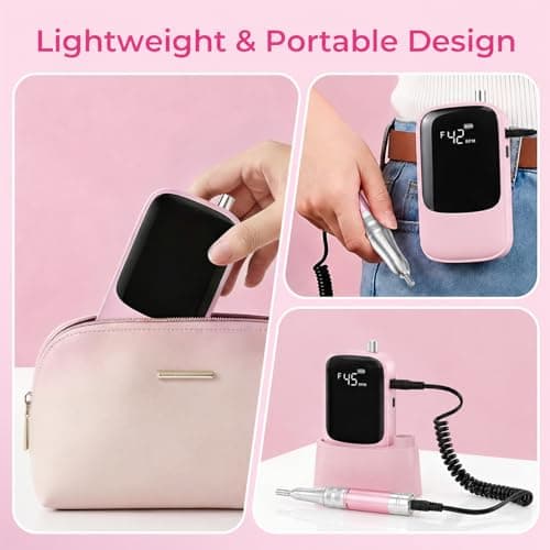 Wea&Hea Professional Electric Nail Drill, 50000 RPM Rechargeable Cordless E-File Machine for Acrylic Gel Nails, Low Noise Low Heat Nail File Kit with 6 Bits, 66 Sanding Bands, Pink thumbnail 5