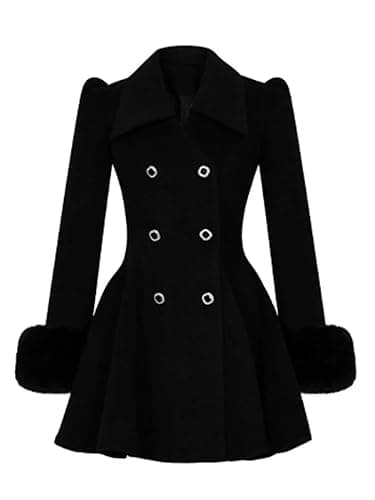 Bciopll Women's Black Double Breasted Woolen Coat With Faux Hair Cuffs Lapel Collar Flared Hem Slim Fit Winter Overcoat thumbnail 4