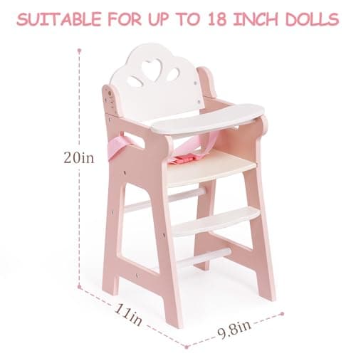 ROBOTIME High Chair for Pretend Play, Wooden Baby Doll Furniture with Safety Belt and Footrest, Fits 18 Inch Dolls, Gift for Ages 3+, White/Pink thumbnail 3