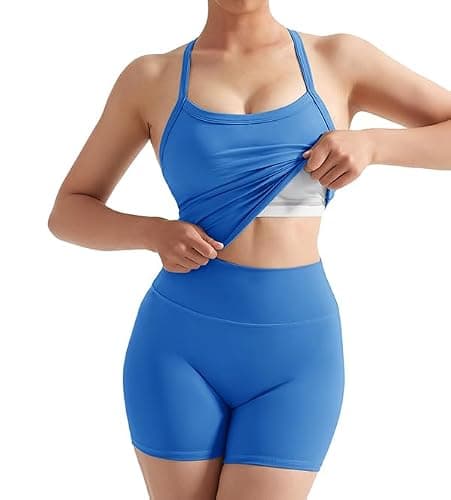 SUUKSESS Women 2 Piece Workout Sets High Waisted Tummy Control Biker Shorts Halter Padded Tank Tops - Sapphire - X-Small thumbnail 4