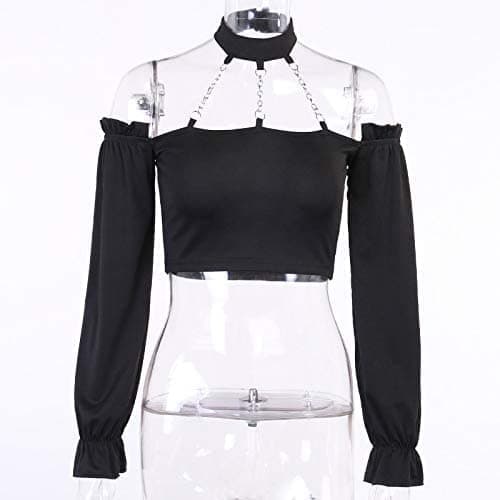 Dark Punk Crop Top with Chains Women Punk Off Shoulder Hollow Out Solid Backless Long Sleeve Tops thumbnail 4