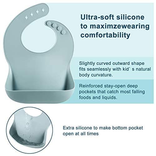 PandaEar Set of 3 Cute Silicone Baby Bibs for Babies & Toddlers (10-72 Months) Waterproof, Soft, Unisex, Non Messy (Brown/Blue/Green) thumbnail 3