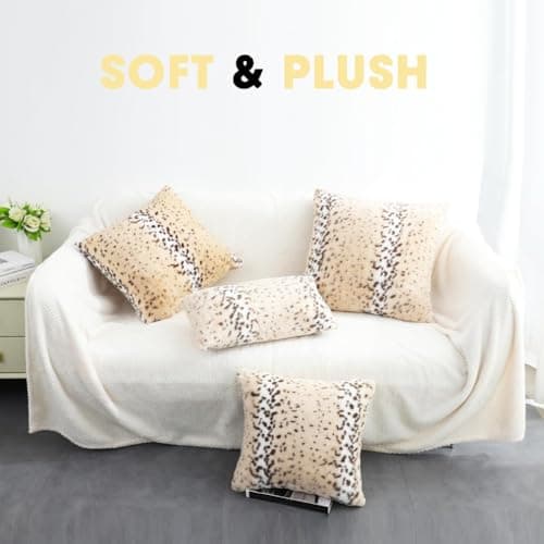 Entua Throw Pillows Covers, Fluffy Faux Fur Pillow Case Snow Leopard Cheetah Print Animal Decorative Lumbar Rectangle Cushion Cover for Couch Sofa Bedroom Living Room, 12x20, Beige thumbnail 2
