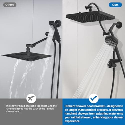 Hibbent cUPC Certified 13'' Shower Head Combo, High Pressure 5 Spray Rainfall Showerhead, 10 Spray Mode Handheld, All Metal Easy Reach 4-way Diverter Arm with Pause Mode, 71'' Hose and Holder, Black thumbnail 6