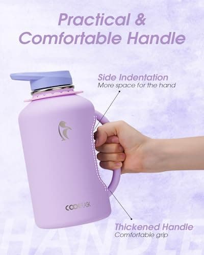 Coolflask Half Gallon Water Bottle with Straw, 64 oz Insulated Stainless Steel Water Jug With Handle Metal Double-Walled Vacuum Large Flask With Strap Leakproof, Keep Cold 48 Hrs Hot 24hrs, Lavender thumbnail 2