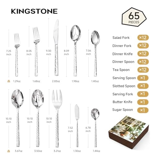 KINGSTONE 65 Piece Hammered Silverware Set with Serving Utensils, 18/10 Stainless Steel Flatware Set for 8, Cutlery Set for Home, Party, Wedding, Mirror Polished Dishwasher Safe thumbnail 2