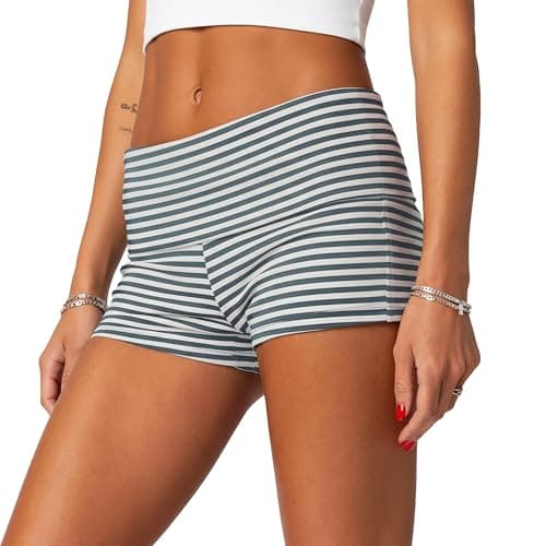 ONLYSTORY Women's Shorts Y2k Low Waist Fold Over Micro Shorts Going Out Lounge Pj Yoga Workout Mini Short(Blue White Stripe,XL) thumbnail 2