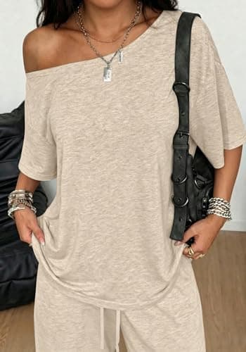 TDCoool Women's 2 Piece Matching Lounge Set Off The Shoulder Short Sleeve Top Wide Leg Sweatpants Set Casual Loungewear thumbnail 5