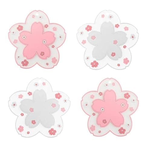 Sakura Coasters Set of 4 Kawaii Cup Mat Anti-Skid Pot Bowl Pad Placemats PVC Cherry Blossom Coaster for Drinks Coffee Table Cute Room Home Kitchen Decor Kawaii Desk Accessories(4.3in) - Small 4pcs - Image 1