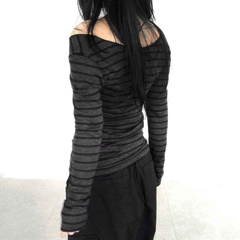 Women's Long Sleeve Grunge Aesthetic Shirts Striped Off Shoulder Tops Teen Girls Alt Emo Gothic Streetwear Y2k Clothing thumbnail 4