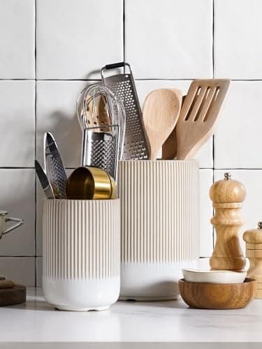 LE TAUCI Utensil Holder for Kitchen Counter, 7.3"+5.4" Fluted Ceramic Utensil Crock Organizer for Countertop, Heavy Large Holder for Spatulas, Spoons, Set of 2, Warm White Glaze thumbnail 3