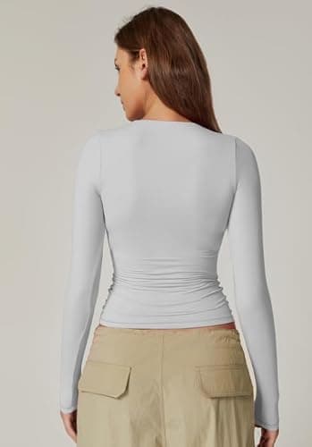 QINSEN Women's Sexy Square Neck Shirt Long Sleeve Double Lined Tees Fitted Going Out Tops thumbnail 2