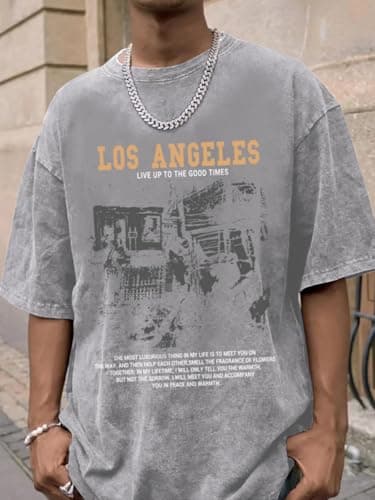 Pairxily Oversized Graphic Tshirts for Men Acid Wash Los Angeles Vintage Tees Streetwear Baggy Cotton Shirts Casual Tops(Light Gray,M) thumbnail 3