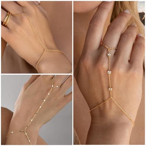 3PCS 14K Gold-Plated Hand Chain Bracelets for Women, Stack Bracelets Set Adjustable, Dainty Ring Bracelet Hand Chain thumbnail 5