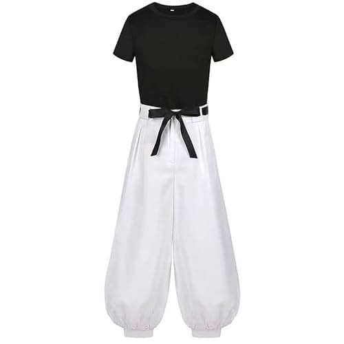 2PC Cosplay Costume Outfit White Pants Uniform Suit Black Top Full Set thumbnail 2