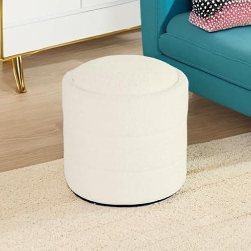 HomePop Storage Round Ottoman with Removable Lid |Homepop Home Décor|Upholstered Round Foot Rest Ottoman - Cream Boucle thumbnail 8