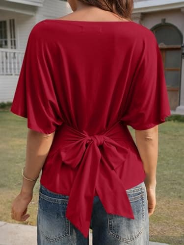 Cicy Bell Womens Summer Wrap Tops Casual Short Sleeve Tie Back Cinched Waist T Shirts Trendy Boat Neck Blouse Burgundy thumbnail 2