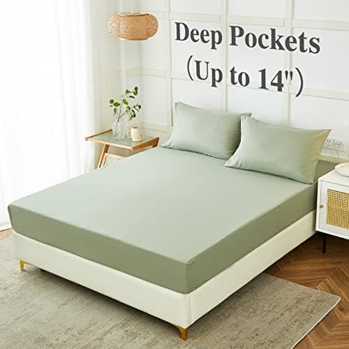 ILAVANDE Sage Queen Sheets Set 4 Piece, Hotel Luxury Super Soft 1800 Series Microfiber Queen Bed Sheets Set-Wrinkle Free & Breathable-14" Deep Pocket Sage Green Sheets(Queen,Sage Green) - Sage Green - Queen thumbnail 3