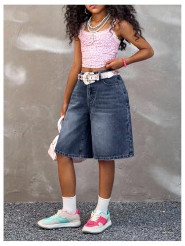 OYOANGLE Girl's Baggy Jorts Bermuda Denim Shorts Loose Elastic Waist Wide Leg Jean Shorts Dark Wash 9 Years thumbnail 4