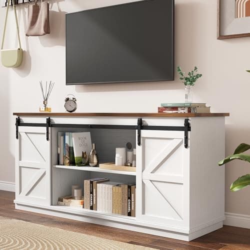 YESHOMY Farmhouse TV Stand for Televisions up to 65 Inches, Sliding Barn Doors and Storage Cabinets, Console Table and Media Furniture for Living Room, 58 Inch, White thumbnail 3
