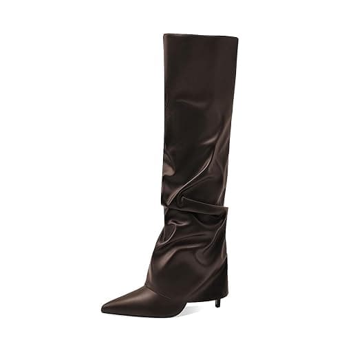MOTIMODEN Women's Knee High Boots Fold Over High Heel Pointed Toe Black White Long Boots Women Dress Tall Boots for Women thumbnail 4