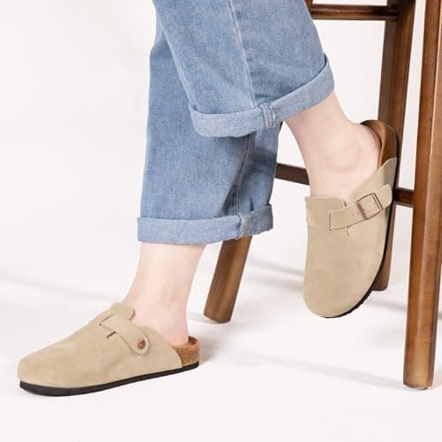 Brelzo Calvior Women's Suede Clogs Men's Slip-On Mules Non-Slip Potato Shoes Arch Support Sandals with Adjustable Buckle for Indoor & Outdoor Use Tan thumbnail 2