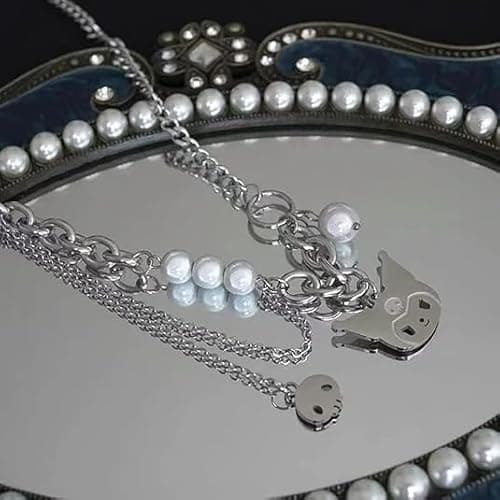 Yuoos Kawaii Pearl Necklace Set Stainless Steel Adjustable Open Silver KT Y2K Finger Ring Gyaru Anime Stunning Bracelets 90s Chain Necklace for Women thumbnail 7