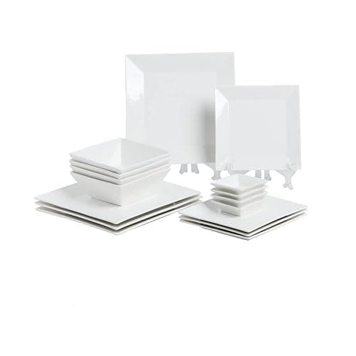 Porlien 16-Piece Classic Square Dinnerware Set for 4-Square Dinner Plates, Dessert Plates, Bowls & Dipping Saucers, Off White Dishes for 4 - Image 1