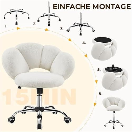 Yaheetech Fauteuil de Bureau, Chaise Pivotante Ergonomique, Dossier Confort en Nuage, Réglable en Hauteur, Charge 136 kg, pour Salon Chambre Bureau, Blanc/Bouclé thumbnail 9