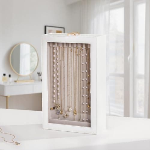 Lolalet Necklace Organizer Box, Jewelry Storage Box with Clear Window for Necklaces Bracelets, Tangle-Free Necklace Display Case for Women Girls, White, 2 Layers 20 Hooks thumbnail 5