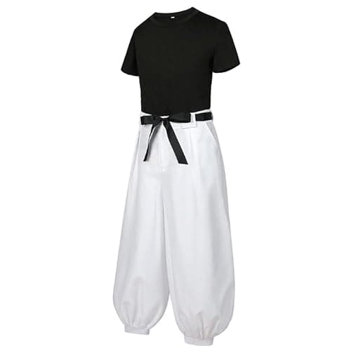 2PC Cosplay Costume Outfit White Pants Uniform Suit Black Top Full Set thumbnail 3