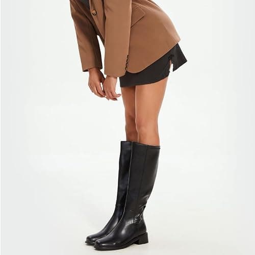 QIY Knee High Boots Women Faux Leather Elastic Boots Low Heel Square Toe Side Zipper Fall Long Tall Boots for Women thumbnail 2