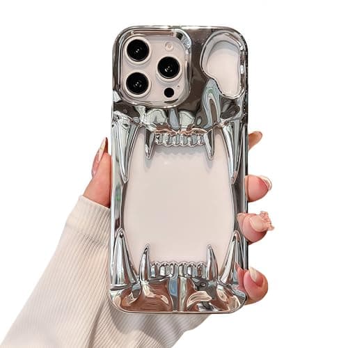 Pretaco Gothic 3D Hollow Horror Devil Pattern Case for iPhone 16, [Luxury Chrome Color Plating] [Heat Dissipantion Thermal Design] Shockproof Bumper for Halloween- Silver - Image 1