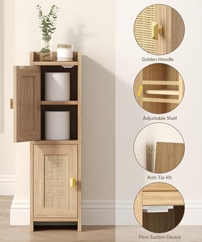 Akxomel Rattan Small Bathroom Cabinet with 2 Doors, 7.9''D x 7.9''W Narrow Toilet Paper Storage Cabinet, Bathroom Organizer for Small Spaces, Wooden Slim Corner Unit with Adjustable Shelf, Natural Oak thumbnail 5
