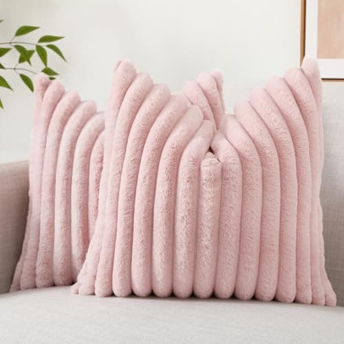 decorUhome Faux Fur Throw Pillow Covers 18x18 Set of 2, Decorative Soft Plush Striped Couch Pillow Covers with Velvet Back for Sofa, Bed, Living Room, Pink - 18 x 18-Inch (Pack of 2) - Pink - Image 1