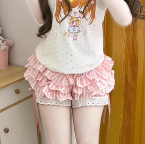 Womens Y2K Off Shoulder Kawaii T-Shirt Suit Hrajuku Plaid Ruffled Lace Pumpkin Short Pants Cute Cat Graphic Tops thumbnail 2
