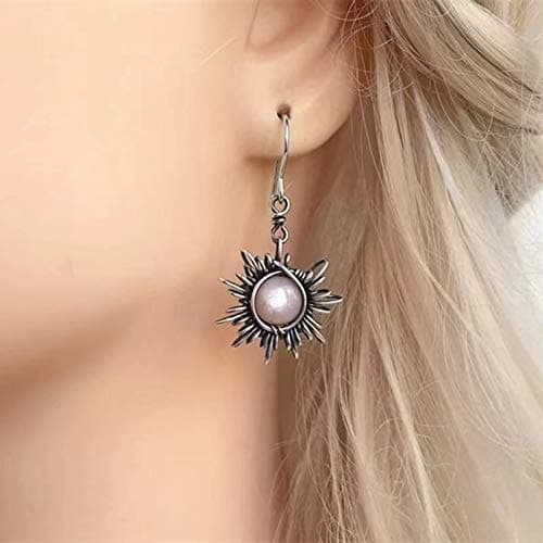 Boho Opal Sun and Moon Drop Dangle Earrings Moonstone Natural Stone Hook Bohemian for Women Asymmetrical Antiqued Silver Celestial Jewelry thumbnail 5