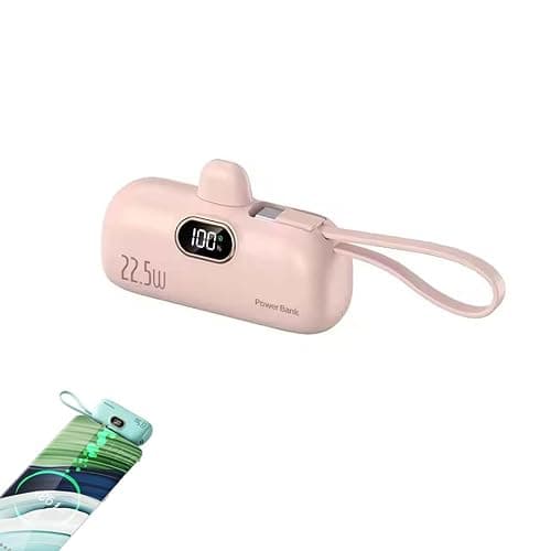 Mini Portable Charger with Built-in Cable, 22.5W High-Speed Portable Chargers, Fast Charging 5000mAh Battery Pack, Mini Charger Bank with Built-In Foldable USB-C Connector For Smartphone (Pink) - Image 1