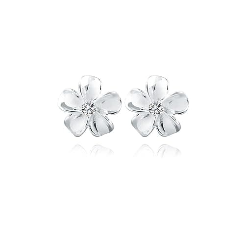 Reffeer Solid 925 Sterling Silver Plumeria Flower Stud Earrings for Women Teens Crystal Flower Stud Earrings - A-Silver