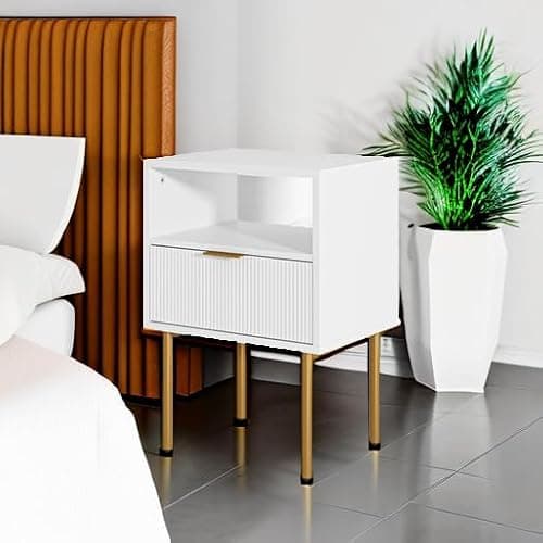 AEPOALUA Nightstand,Morden Bedside Table with Gold Frame,Small White Night Stand,End Table,Bedside Furniture,Side Table with Drawer and Shelf for Bedroom,Living Room (1Drawer, White) thumbnail 5