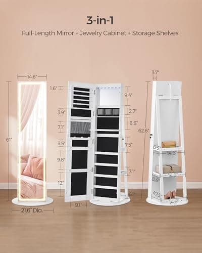 SONGMICS LED Jewelry Cabinet Standing, Lockable Armoire With Full-Length Mirror and Adjustable Lights, Space-Saving Organizer, Gift Idea, Cloud White UJJC008W01 thumbnail 6