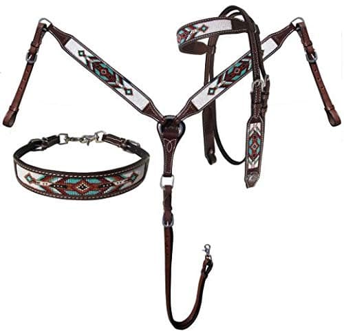 Showman Argentina Cow Leather Headstall & Breast Collar Set w/Teal Navajo Beaded Inlays thumbnail 4