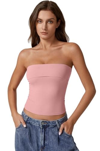 QINSEN Womens Y2k Off Shoulder Tops Double Lined Strapless Tube Top Going Out Bandeau Crop Tops Pink M thumbnail 5