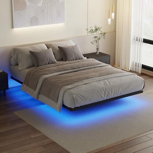 Ufurniture Floating Bed Frame Double Size with LED Light, Metal Platform Double Bed, No Box Spring Needed, Easy to Assemble - Image 1