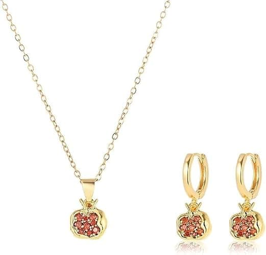 KOFISNI Pomegranate Earrings Pomegranate Necklace for Women 18K Gold Plated Red Pomegranate Rhinestone Pendant Necklace Hoop Earrings Jewelry Set - Image 1